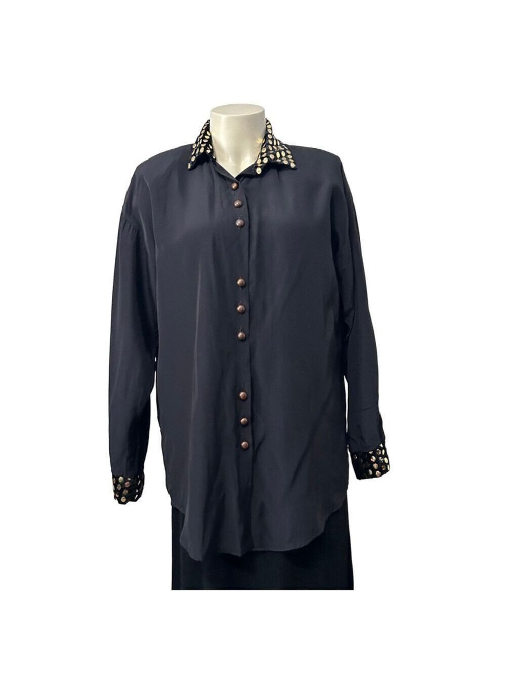 Judy Knapp Black Velvet Polka Dot Trim Button Down Shirt Size M